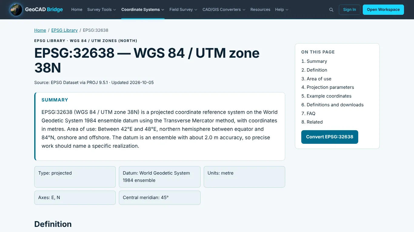EPSG reference page EPSG:32638